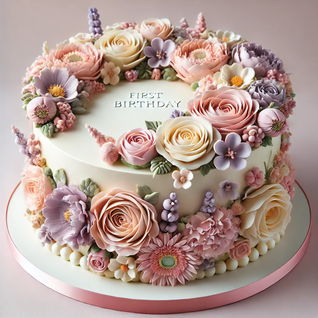 Floral Cake with Sugar Flowers: (First Birthday Cake)