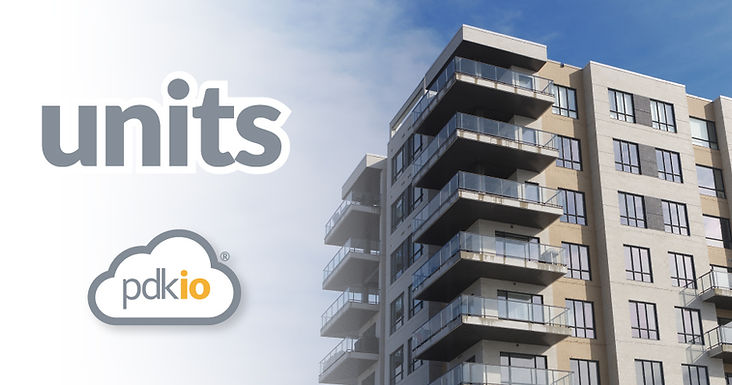 Modern apartment building with balconies under blue sky; units and pdkio cloud logo on left.