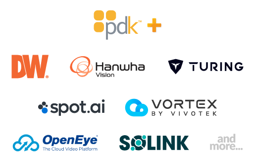 PDK + Digital Watchdog, Hanwha Wisenet Wave, Turing Vision, Vivotek Vortex, Spot AI, OpenEye, and Solink