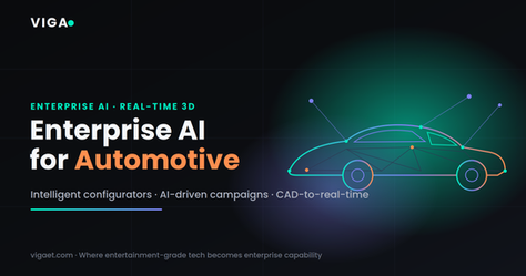 Wireframe sports car connected to glowing AI neural nodes on a dark background, with VigaET branding and the headline "Enterprise AI for Automotive.