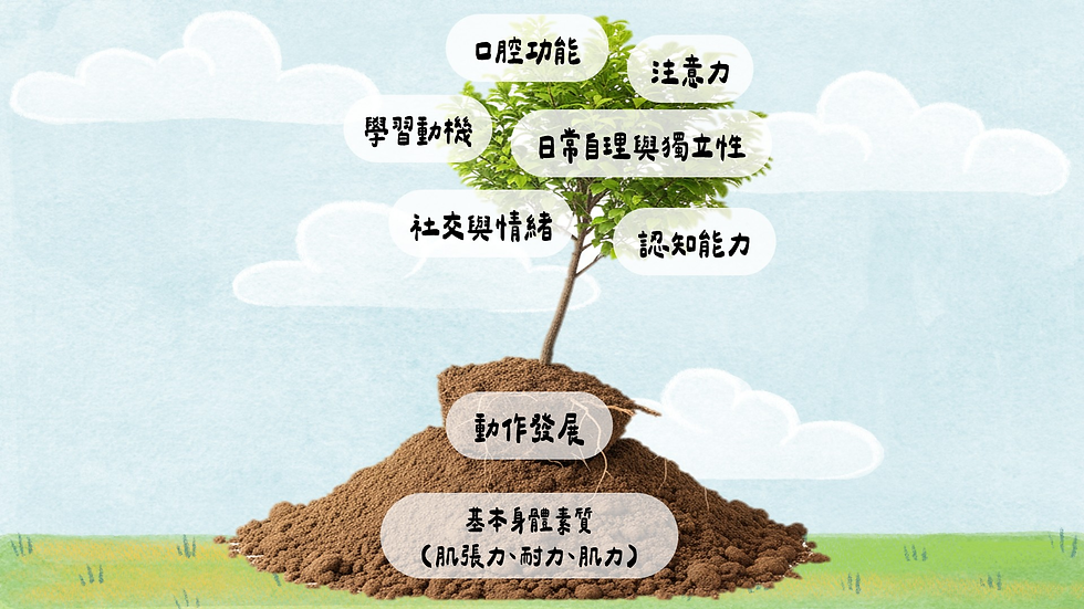 就像在鬆軟的土推上種樹一樣,低張力不只影響動作發展,連帶會影響其他發展領域。