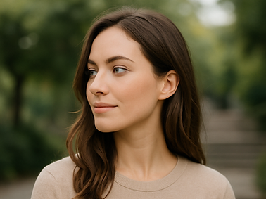 Jeune femme en extérieur, profil droit, regard calme, ambiance naturelle