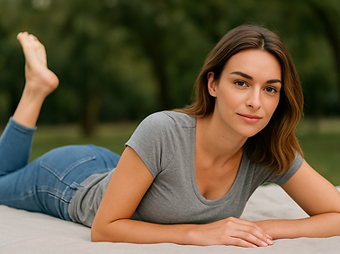 Modèle allongée, bras plié, sourire détendu en extérieur