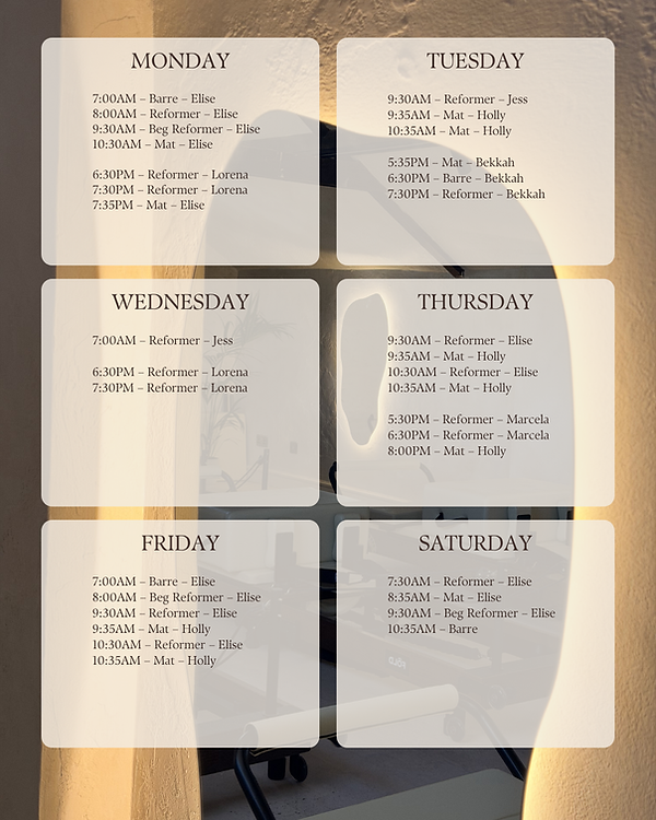 6am Elise - reformer 7am Elise - barre 8am Elise - reformer 9.30am Elise - beginner reform