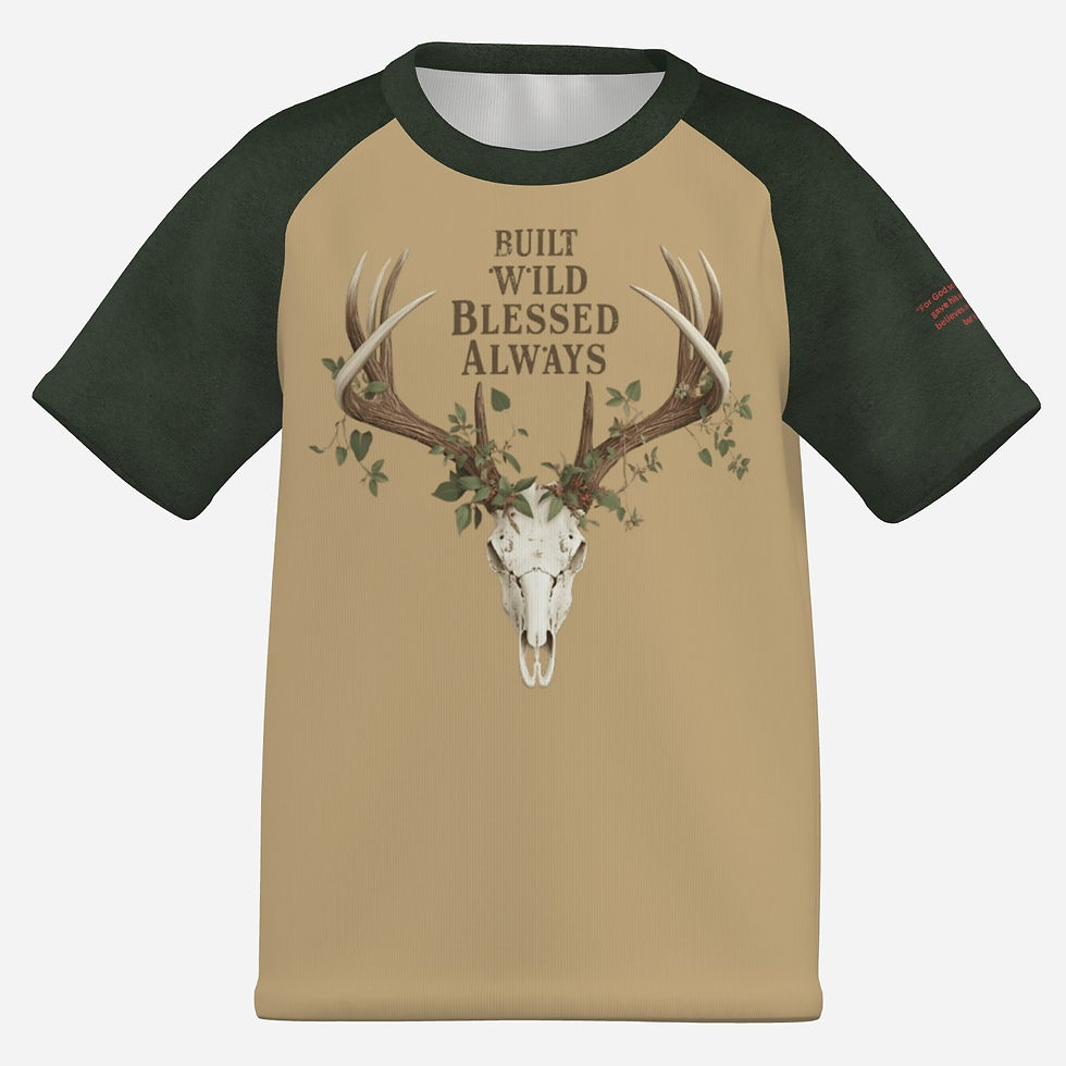 T-shirt with deer skull and 'Built Wild Blessed Always' design