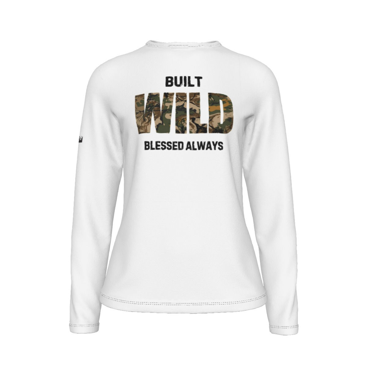 White long-sleeve shirt with 'Built WILD Blessed Always' text.