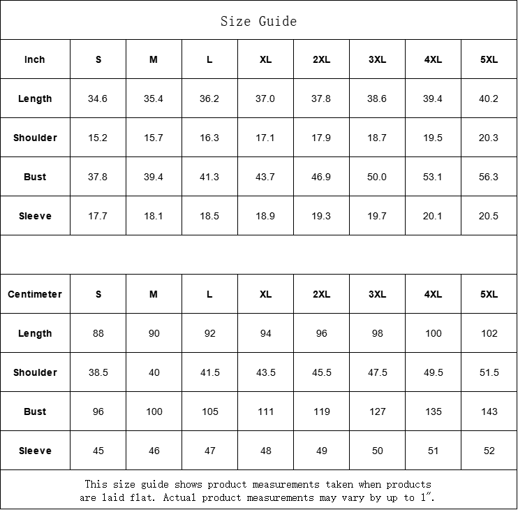 Thumbnail: Size guide with clothing measurements in inches and centimeters