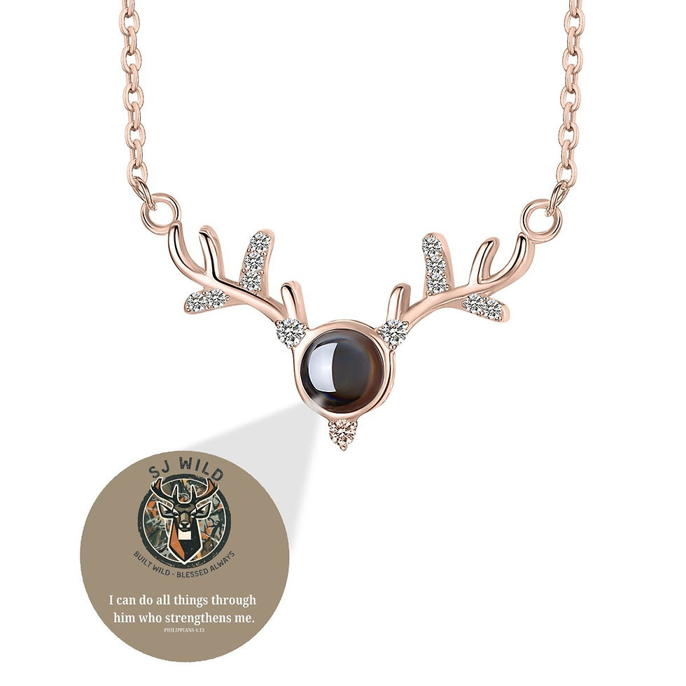 Rose gold deer antler necklace; projection: "SJ MILO, I can do all things through him who strengthens me."