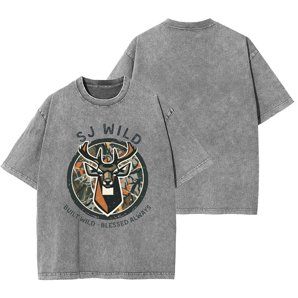 Grey SJ Wild shirt, deer head design, 'STAY WILD • BLESSED ALWAYS'