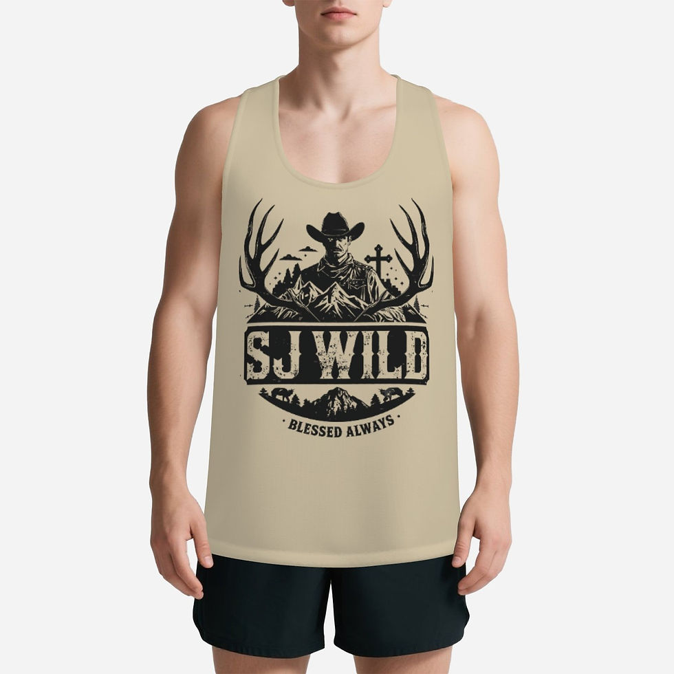 Tan tank top with 'SJ WILD Blessed Always' logo