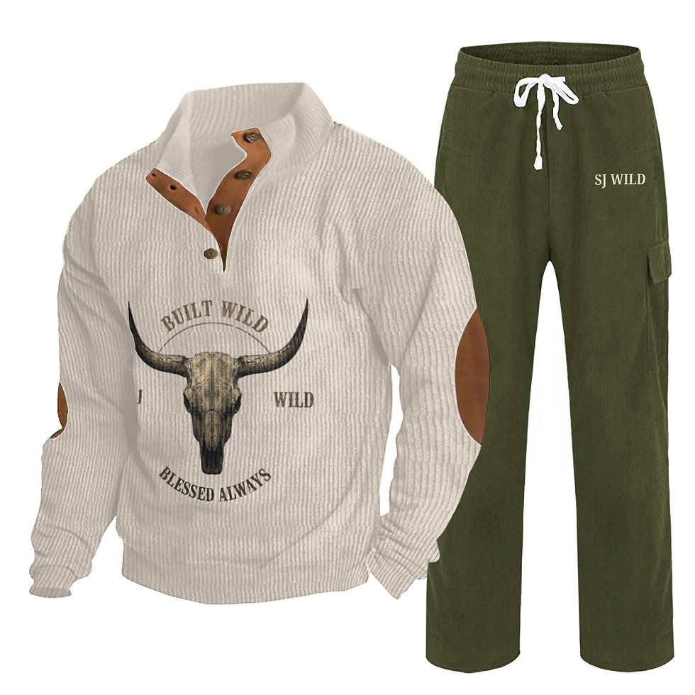 Cream Built Wild shirt with steer skull, green Be Wild pants.