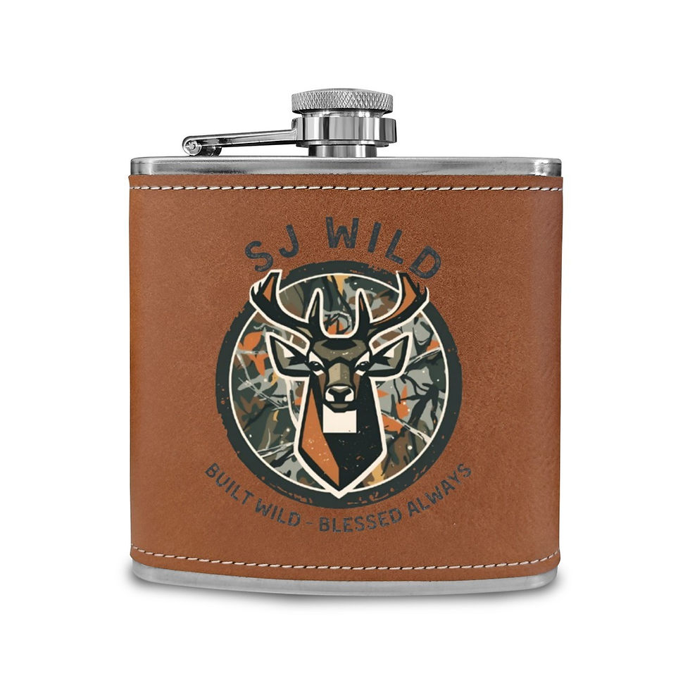 Brown leather flask with deer head and 'SJ WILD' logo