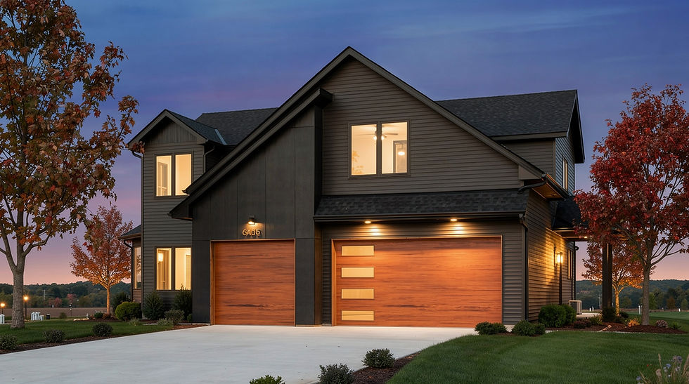 A wide-angle daytime photograph of a Southern California home with exceptional curb appeal, featuring a high-performance Hometime garage door integrated into the facade.