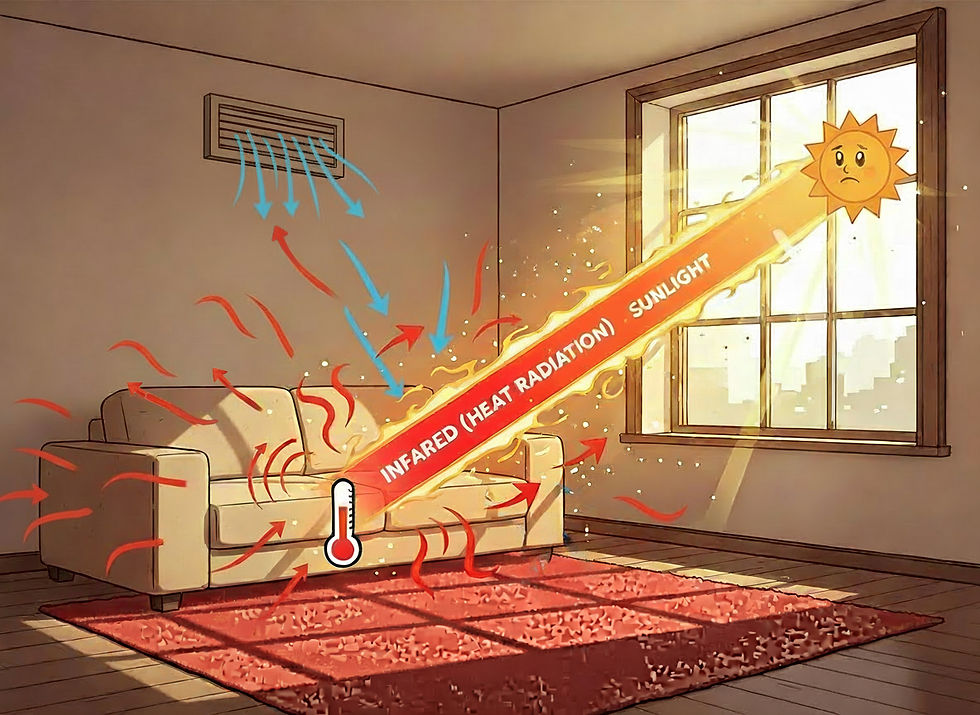 A diagram illustrating 'The Radiation Problem,' showing how infrared sunlight passes through standard glass and heats up interior furniture like a couch