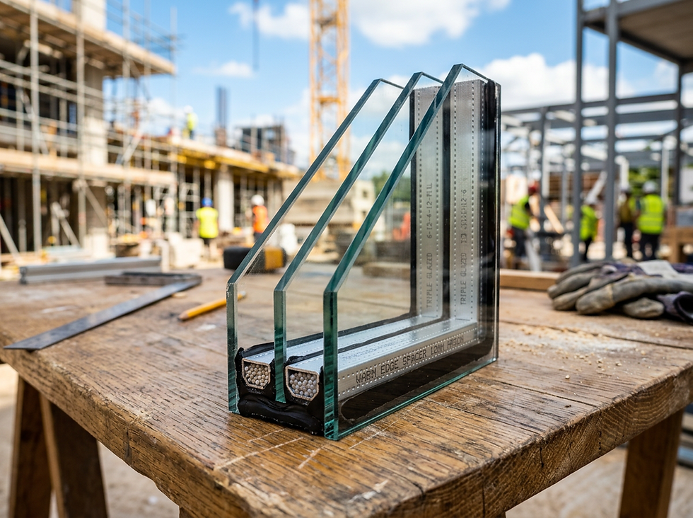 A detailed macro photograph showing the cross-section of a thick triple-pane window unit with three layers of glass and dual spacers, illustrating the heavy construction required for Energy Star 7.0 tax credits.