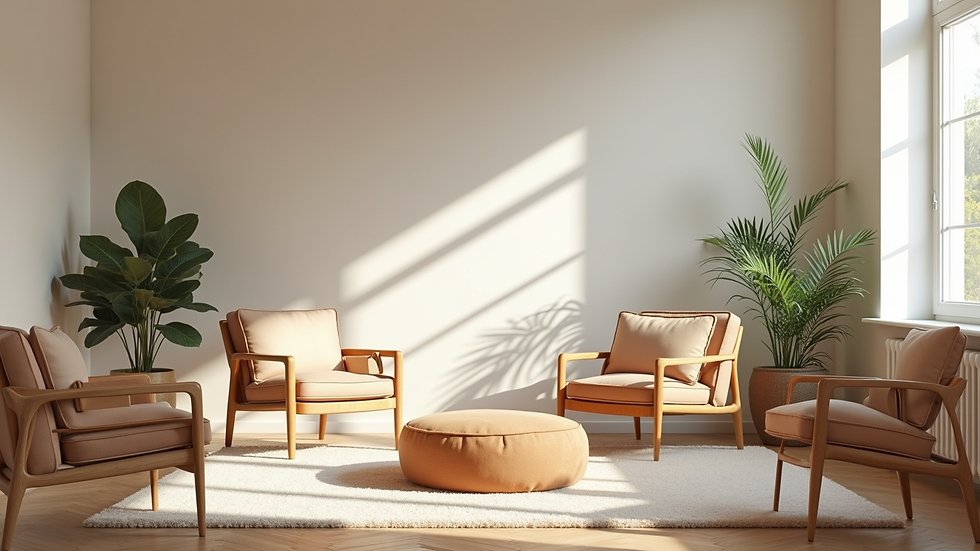 Eye-level view of a serene workshop space with comfortable seating and calming decor