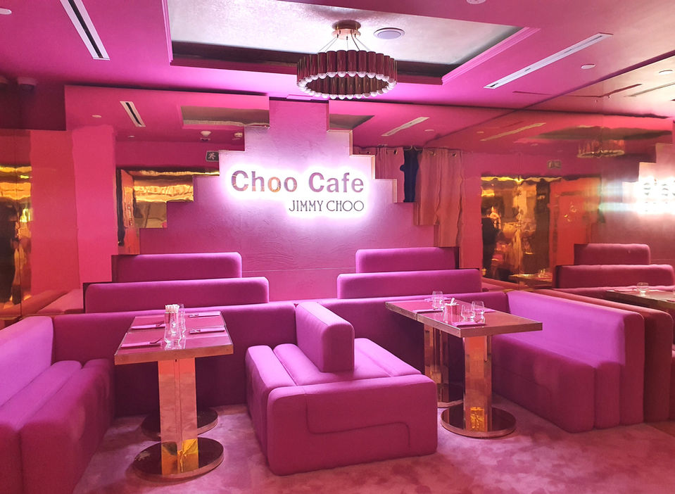 Jimmy Choo pop-up cafe Harrods custom built commercial upholstery