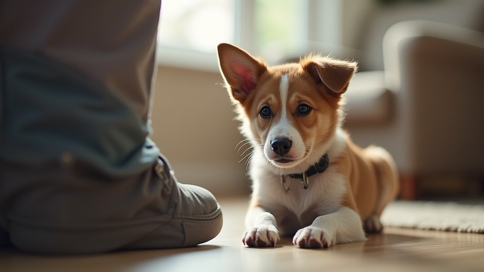 Eye-level view of a dog sitting attentively during training