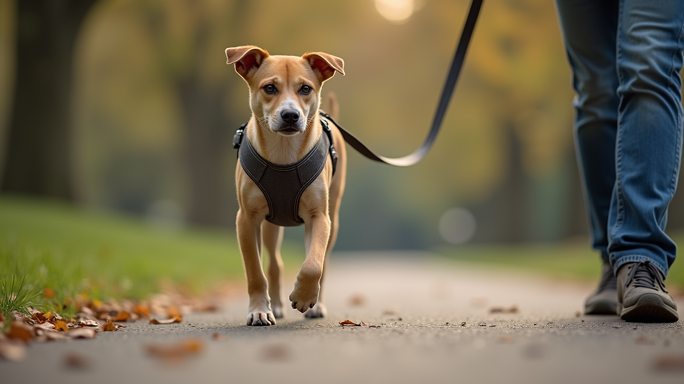 Close-up view of a dog wearing a harness and walking calmly on a leash in a park