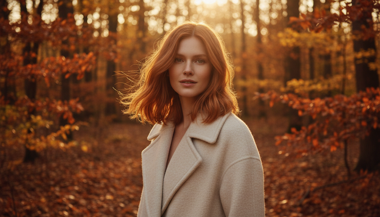 Wide-angle view of a person with glossy copper hair standing near autumn leaves