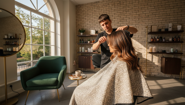 Eye-level view of a hairstylist shaping soft layered hair in a warm salon
