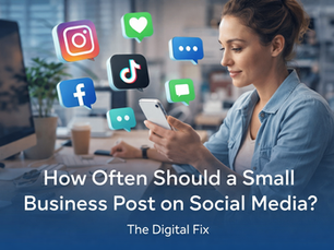 Small business owner managing social media on a smartphone with social media icons representing Instagram, Facebook and TikTok.