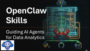 Illustration of OpenClaw Skills. A crab holds a laptop with a flowchart above. Text reads "Guiding AI Agents for Data Analytics."