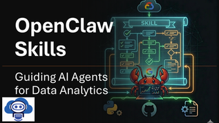 Illustration of OpenClaw Skills. A crab holds a laptop with a flowchart above. Text reads "Guiding AI Agents for Data Analytics."