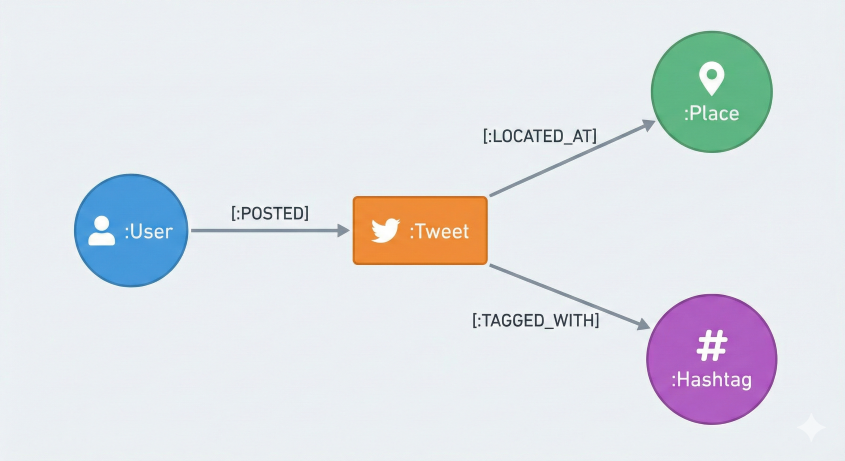 Diagram showing flow: User posts a Tweet, which is located at a Place and tagged with a Hashtag. Blue, orange, green, purple nodes.