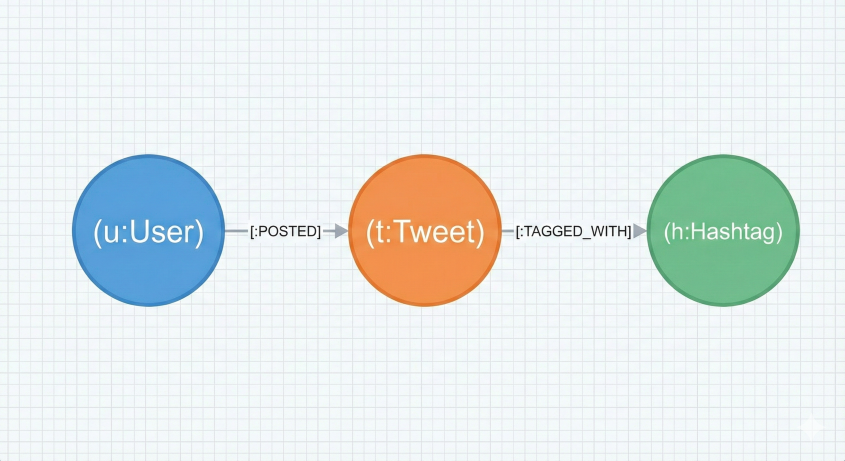 Three colored circles on a grid background. Blue labeled (u:User), orange labeled (t:Tweet), and green labeled (h:Hashtag) linked by text.