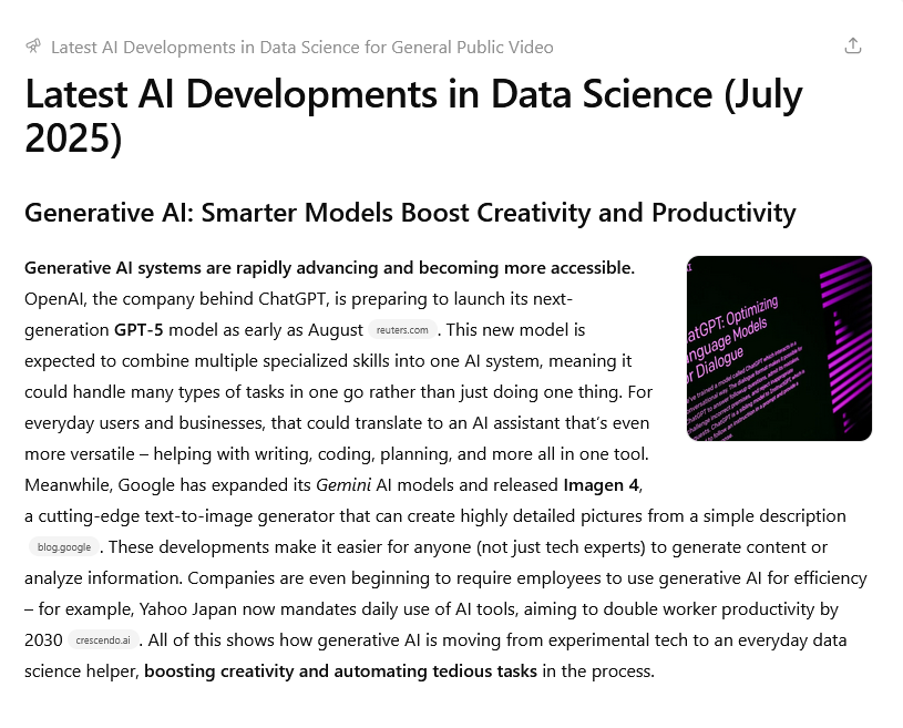 Text on AI developments in data science from July 2025, focusing on generative AI models like GPT-5 and Gemini AI. Includes a purple graphic.