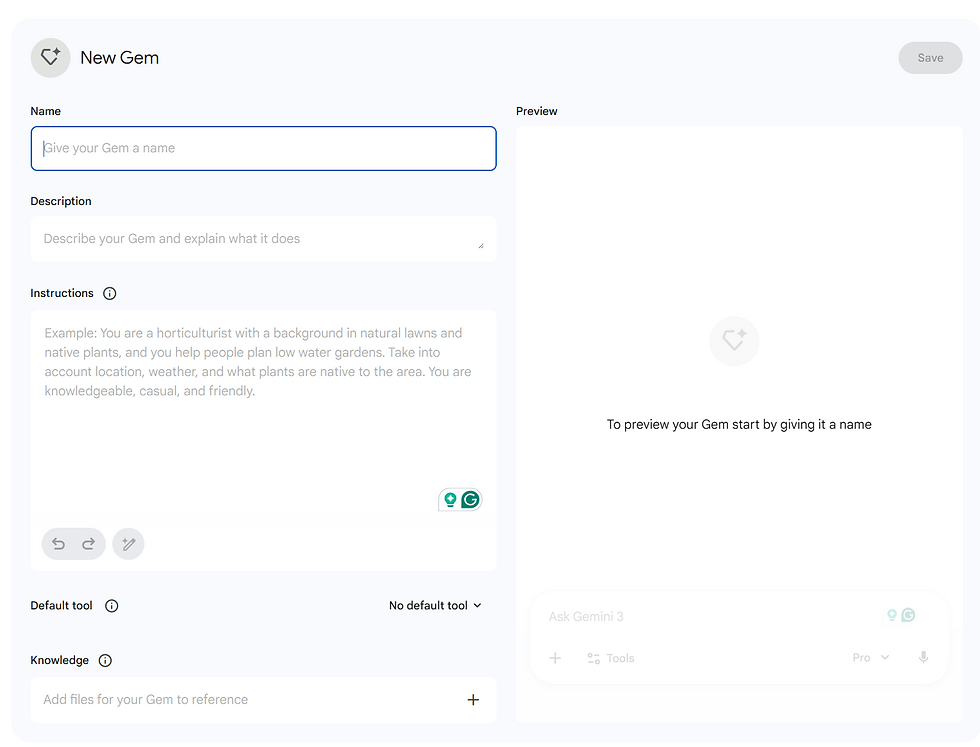 Form to create a new Gem with fields for name, description, and instructions. Preview area shows "To preview your Gem start by giving it a name."