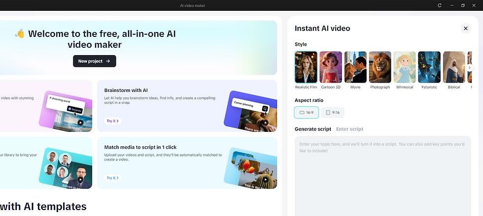 AI video maker interface with options to start a new project, brainstorm, and match media. Style thumbnails include cartoon and movie. Text fields for script input.