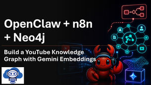 Red cartoon crab with headphones and digital interface in a dark setting. Text: OpenClaw + n8n + Neo4j. Build a YouTube Knowledge Graph.