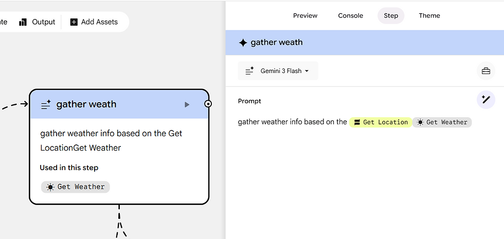 Flowchart box with text "gather weather info based on Get Location, Get Weather." Blue header. Dashed arrow to "Get Weather" icon.