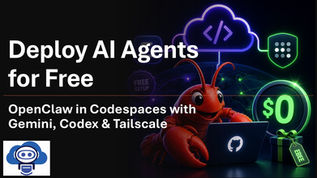 Neon promo banner with lobster at laptop, cloud/code icons and $0; text: Deploy AI Agents for Free, OpenClaw in Codespaces.