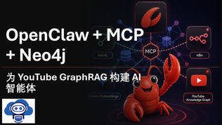 深色宣传海报，带有红蟹吉祥物与 MCP 网络节点图，文字包含“OpenClaw + MCP + Neo4j”以及“为 YouTube GraphRAG 构建 AI 智能体”