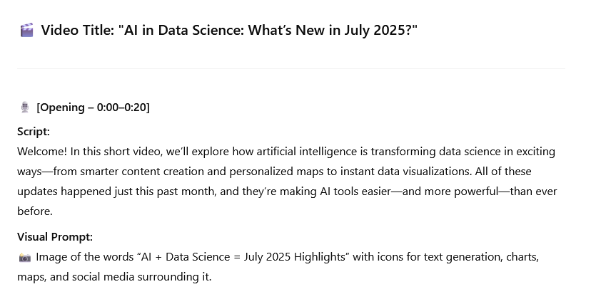 Text reads "AI + Data Science = July 2025 Highlights" with icons for text generation, charts, maps, and social media around it.