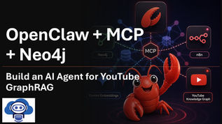 Dark promo graphic with red crab mascot and MCP network, reading OpenClaw + MCP + Neo4j and Build an AI Agent for YouTube GraphRAG.
