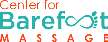 Center for Barefoot Massage logo, red and teal colored with a swooping foot replacin the "O"s in barefoot.