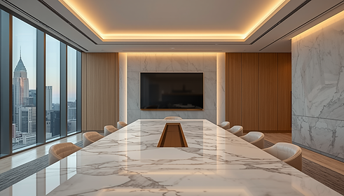 Wide luxury editorial banner image of a sleek modern Detroit Michigan office interior with