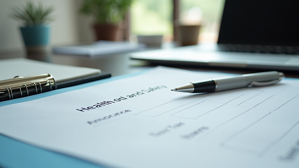 Close-up view of a health and safety form on a desk with a pen