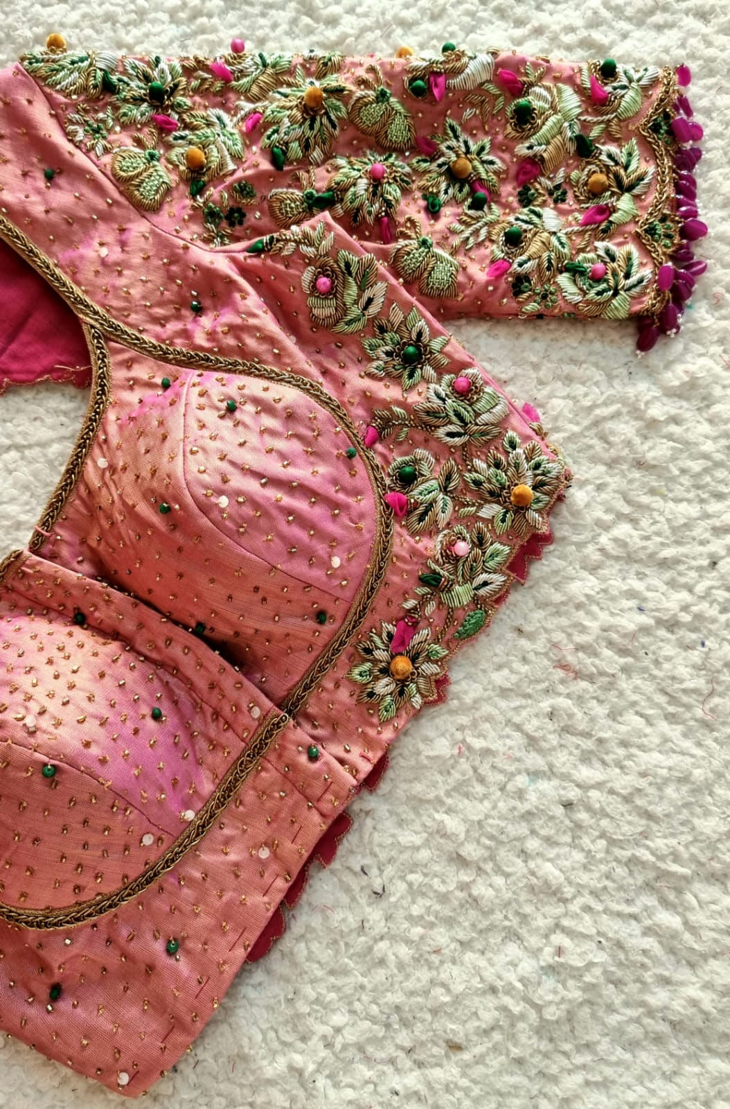 Zardosi blouse with sequins and beads detailing and beads hanging for sleaves