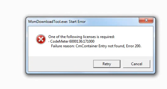 MsmDownloadTool.exe:Start Error One of the following license is required: . CodeMeter 6000136:17100 Failure reason: CmContainer Entery not found, error 200.
