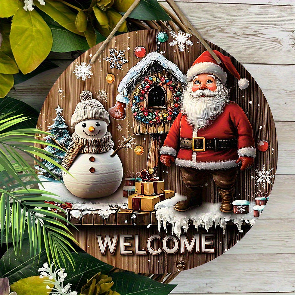 Miniatura: Placa Pendente de Natal 2D em Madeira - Papai Noel e Boneco de Neve para Porta