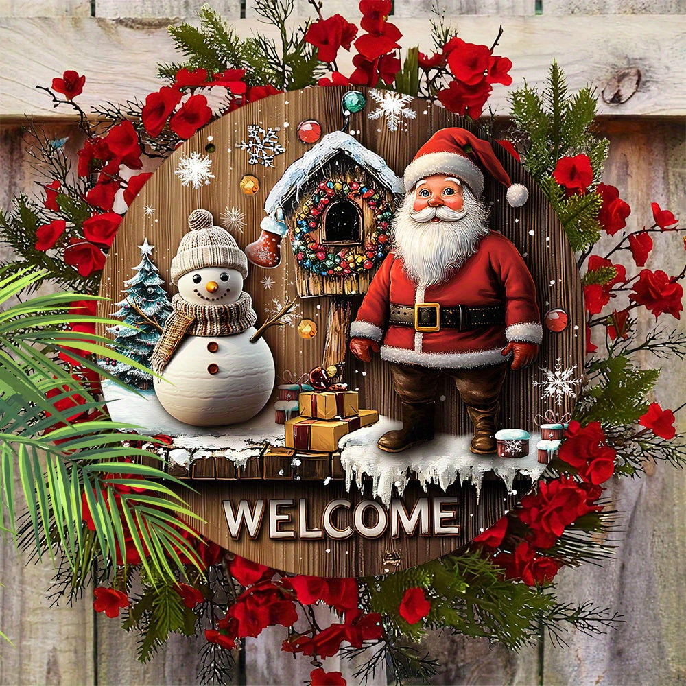 Placa Pendente de Natal 2D em Madeira - Papai Noel e Boneco de Neve para Porta