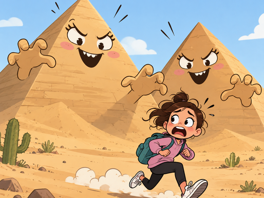 Preteen girl runs from two mountains because puberty can be awkward and confusing.