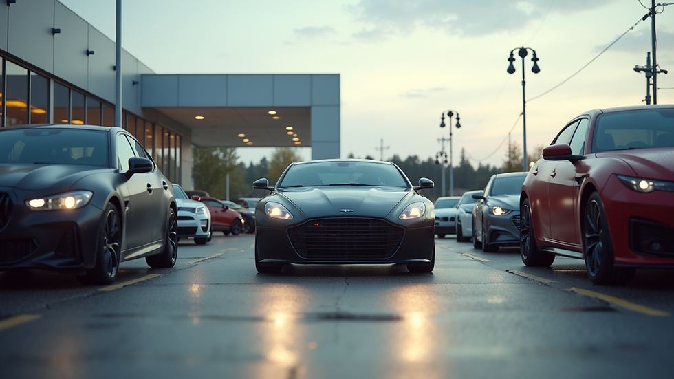 Eye-level view of a car dealership lot with various imported vehicles