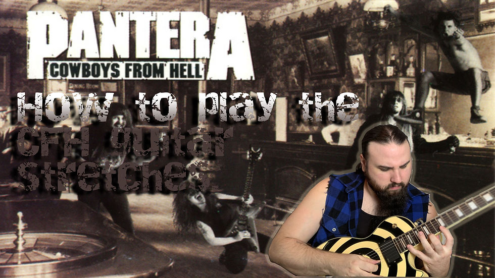 Musician plays black and white guitar in front of Pantera-themed collage. Text: "How to play the Cowboys From Hell guitar stretches." Rustic bar scene.