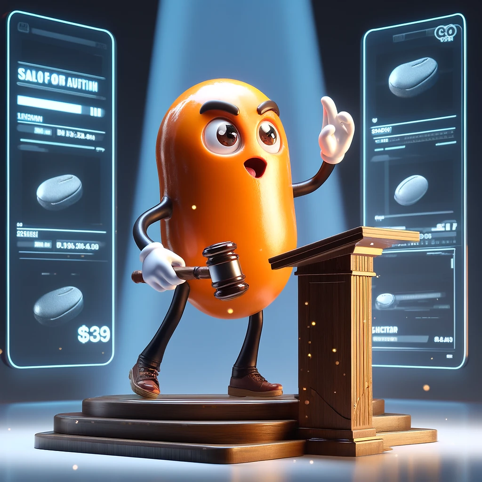 Here's the orange bean character running a sales auction, captured mid-action at the auctioneer's podium. The excitement of the auction is conveyed through the bean's enthusiastic gestures and the high-tech display of auction items. KulBinz